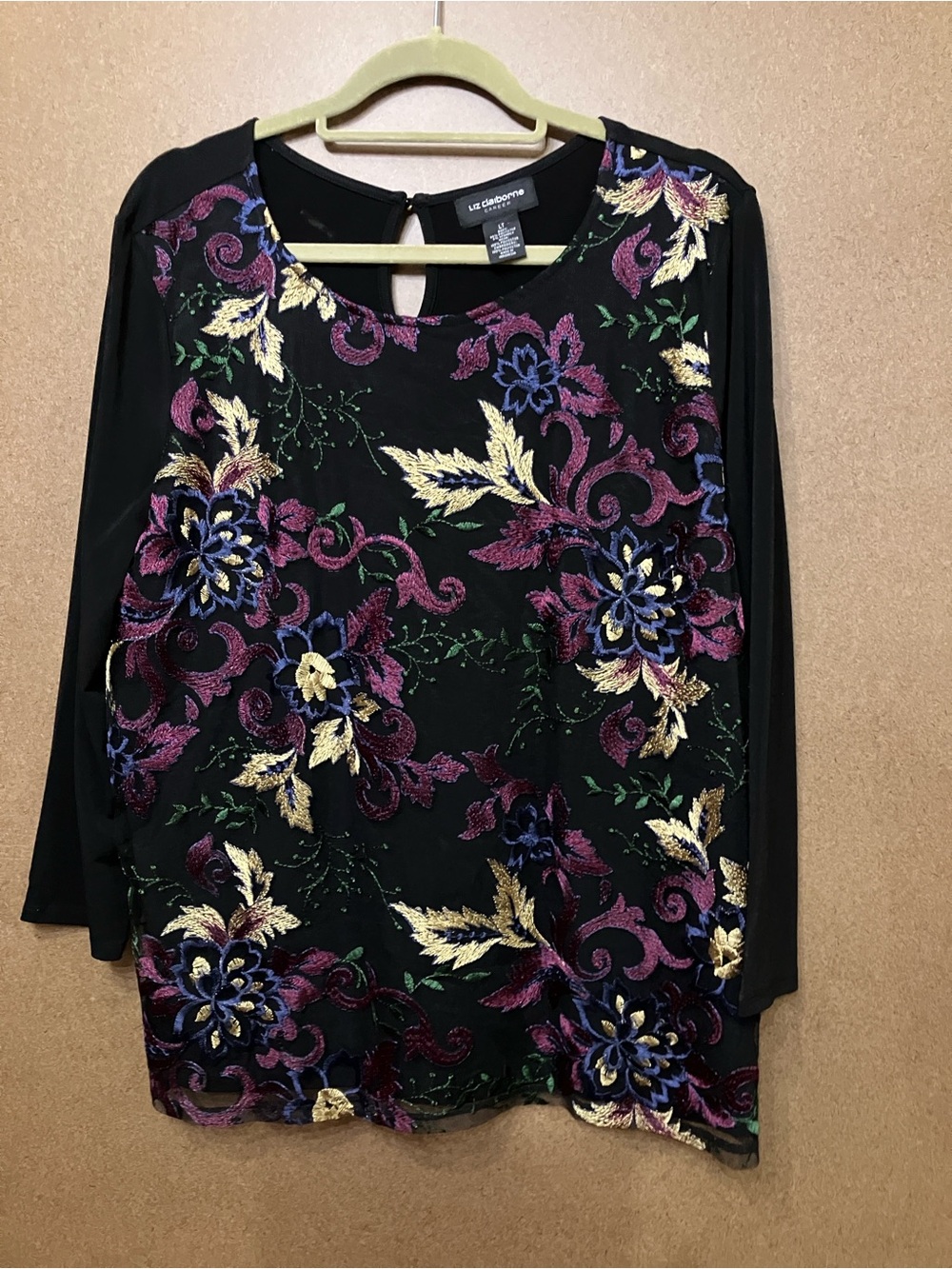 Liz Claiborne Black Floral Embroidered Overlay Long Sleeve Top - Picture 9 of 9